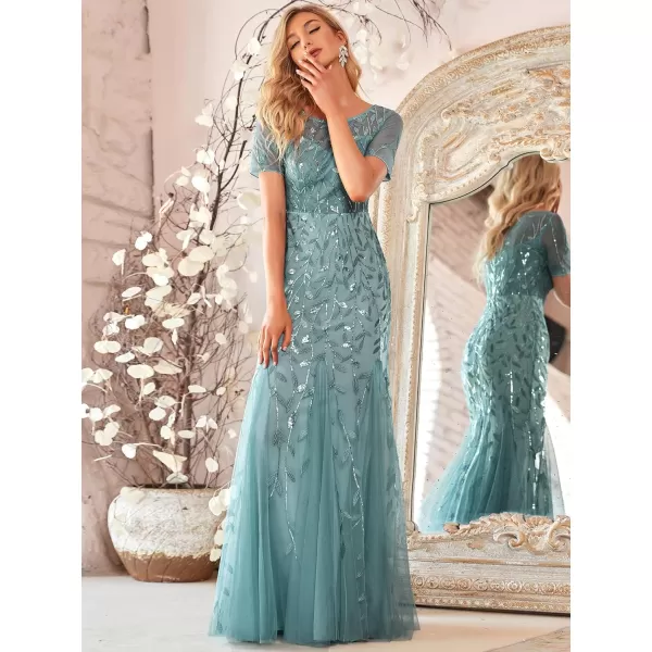 EverPretty Womens Elegant Illusion Short Sleeve Sequin Embroidery Mermaid Evening Dress 07707USABlue