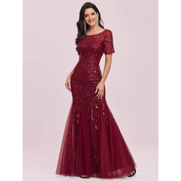EverPretty Womens Elegant Illusion Short Sleeve Sequin Embroidery Mermaid Evening Dress 07707USABurgundy