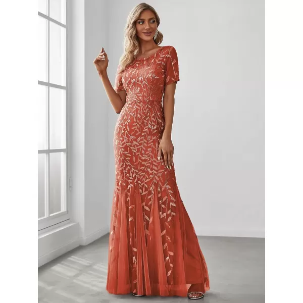 EverPretty Womens Elegant Illusion Short Sleeve Sequin Embroidery Mermaid Evening Dress 07707USABurnt Orange