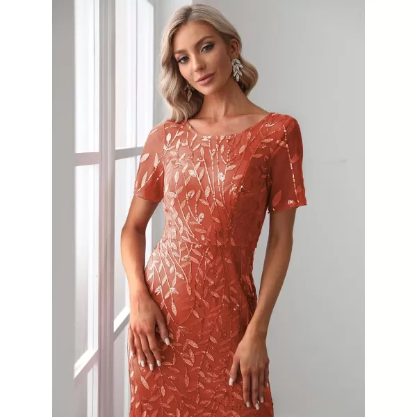 EverPretty Womens Elegant Illusion Short Sleeve Sequin Embroidery Mermaid Evening Dress 07707USABurnt Orange