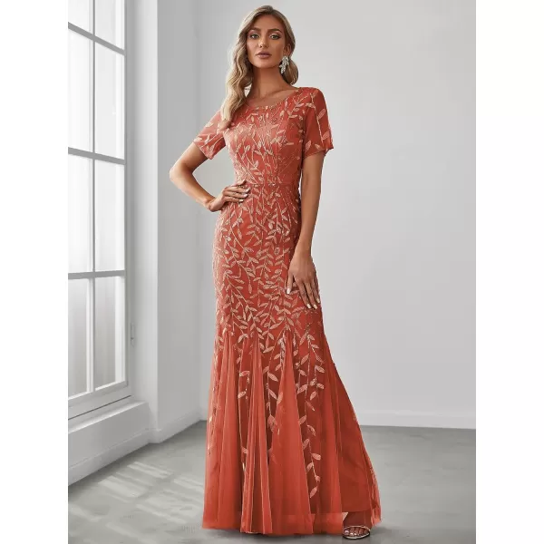EverPretty Womens Elegant Illusion Short Sleeve Sequin Embroidery Mermaid Evening Dress 07707USABurnt Orange
