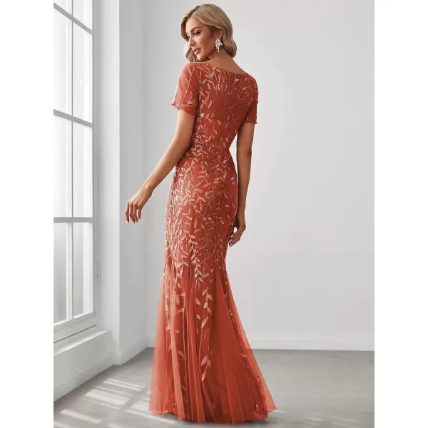 EverPretty Womens Elegant Illusion Short Sleeve Sequin Embroidery Mermaid Evening Dress 07707USABurnt Orange
