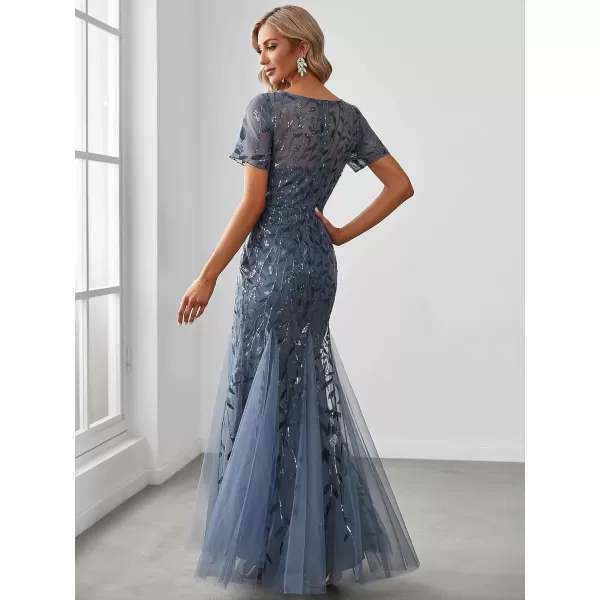 EverPretty Womens Elegant Illusion Short Sleeve Sequin Embroidery Mermaid Evening Dress 07707USAHaze Blue