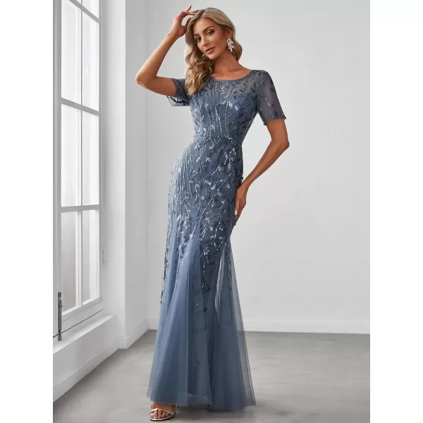 EverPretty Womens Elegant Illusion Short Sleeve Sequin Embroidery Mermaid Evening Dress 07707USAHaze Blue