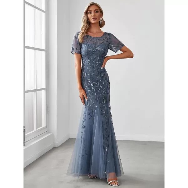 EverPretty Womens Elegant Illusion Short Sleeve Sequin Embroidery Mermaid Evening Dress 07707USAHaze Blue