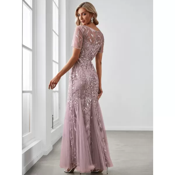 EverPretty Womens Elegant Illusion Short Sleeve Sequin Embroidery Mermaid Evening Dress 07707USAMauve