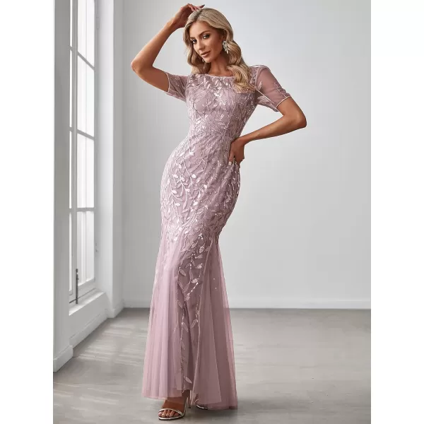 EverPretty Womens Elegant Illusion Short Sleeve Sequin Embroidery Mermaid Evening Dress 07707USAMauve