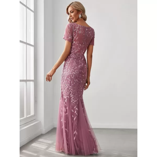 EverPretty Womens Elegant Illusion Short Sleeve Sequin Embroidery Mermaid Evening Dress 07707USAOrchid