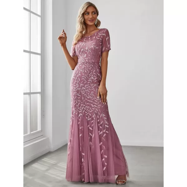 EverPretty Womens Elegant Illusion Short Sleeve Sequin Embroidery Mermaid Evening Dress 07707USAOrchid