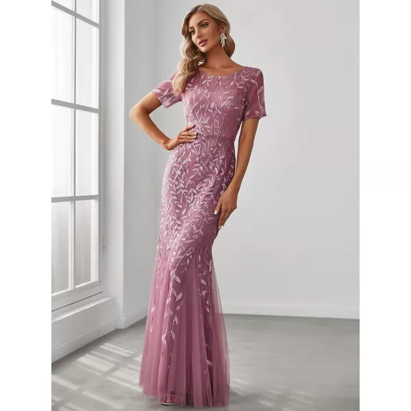 EverPretty Womens Elegant Illusion Short Sleeve Sequin Embroidery Mermaid Evening Dress 07707USAOrchid
