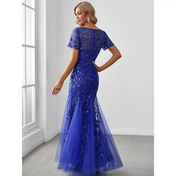 EverPretty Womens Elegant Illusion Short Sleeve Sequin Embroidery Mermaid Evening Dress 07707USASapphire Blue