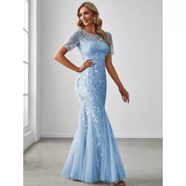 EverPretty Womens Elegant Illusion Short Sleeve Sequin Embroidery Mermaid Evening Dress 07707USASky Blue