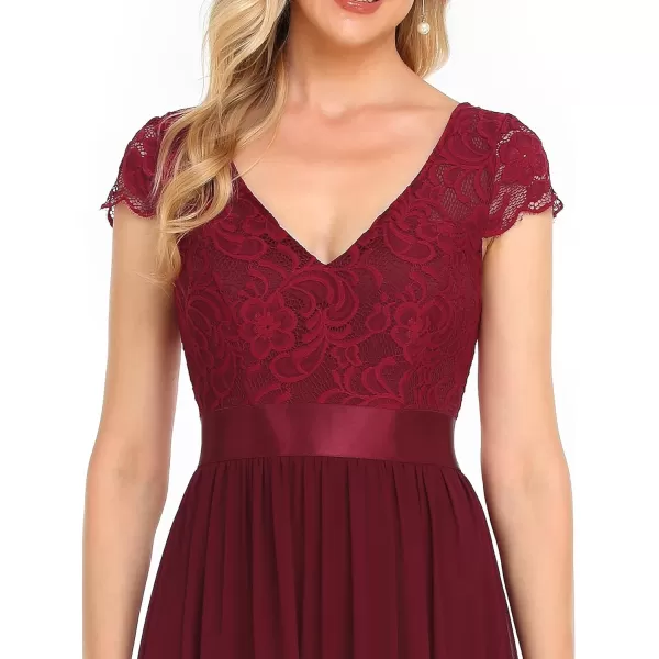 EverPretty Womens Elegant Lace VNeck Short Sleeves Chiffon Maxi Bridesmaid Dress 057BBurgundy