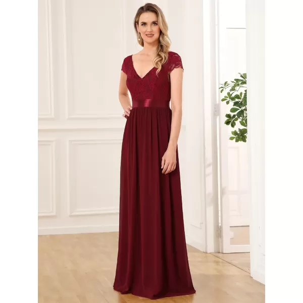 EverPretty Womens Elegant Lace VNeck Short Sleeves Chiffon Maxi Bridesmaid Dress 057BBurgundy