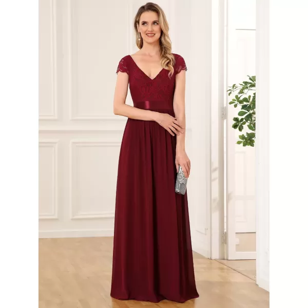 EverPretty Womens Elegant Lace VNeck Short Sleeves Chiffon Maxi Bridesmaid Dress 057BBurgundy