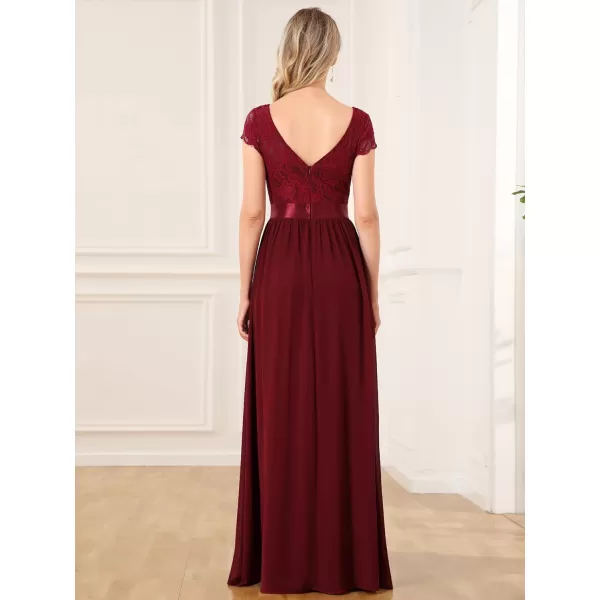 EverPretty Womens Elegant Lace VNeck Short Sleeves Chiffon Maxi Bridesmaid Dress 057BBurgundy