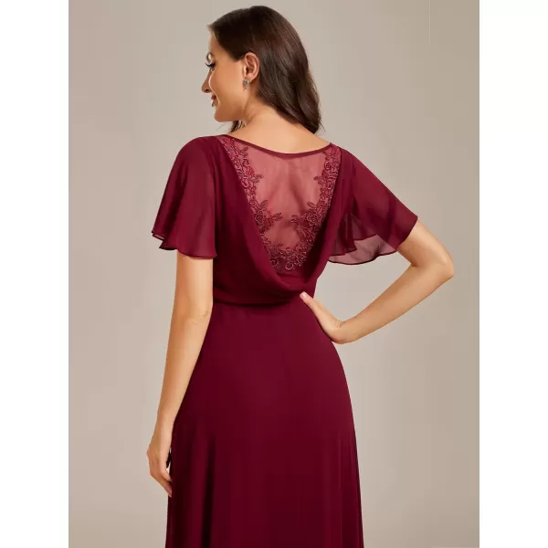 EverPretty Womens Elegant Ruched Chiffon Cowl Neck Ruffled Sleeve High Slit Bridesmaid Dress 01921Burgundy