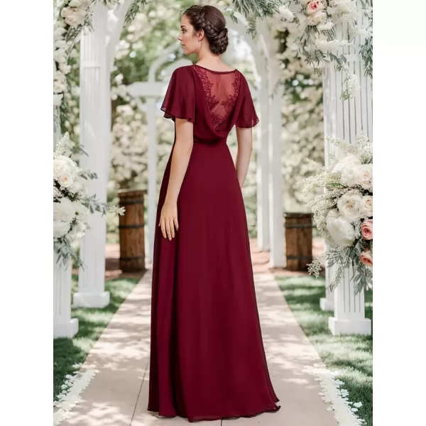 EverPretty Womens Elegant Ruched Chiffon Cowl Neck Ruffled Sleeve High Slit Bridesmaid Dress 01921Burgundy