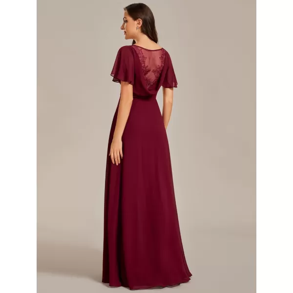 EverPretty Womens Elegant Ruched Chiffon Cowl Neck Ruffled Sleeve High Slit Bridesmaid Dress 01921Burgundy