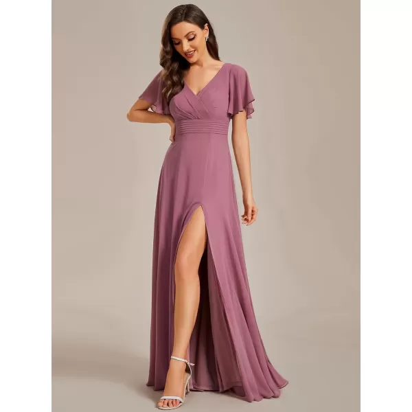 EverPretty Womens Elegant Ruched Chiffon Cowl Neck Ruffled Sleeve High Slit Bridesmaid Dress 01921Orchid