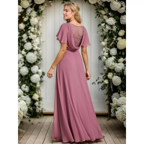 EverPretty Womens Elegant Ruched Chiffon Cowl Neck Ruffled Sleeve High Slit Bridesmaid Dress 01921Orchid