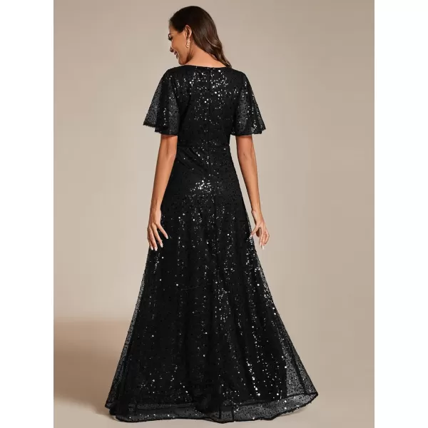 EverPretty Womens Elegant Sequin Short Ruffle Sleeve Embroidery ALine Evening Dress Formal Wedding Maxi Dress 02120PHBlack