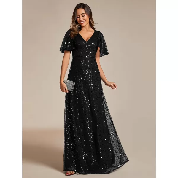 EverPretty Womens Elegant Sequin Short Ruffle Sleeve Embroidery ALine Evening Dress Formal Wedding Maxi Dress 02120PHBlack