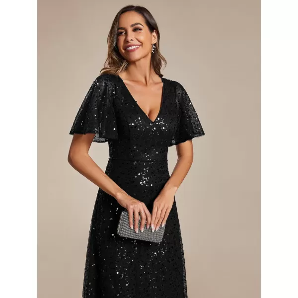 EverPretty Womens Elegant Sequin Short Ruffle Sleeve Embroidery ALine Evening Dress Formal Wedding Maxi Dress 02120PHBlack