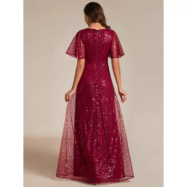 EverPretty Womens Elegant Sequin Short Ruffle Sleeve Embroidery ALine Evening Dress Formal Wedding Maxi Dress 02120PHBurgundy