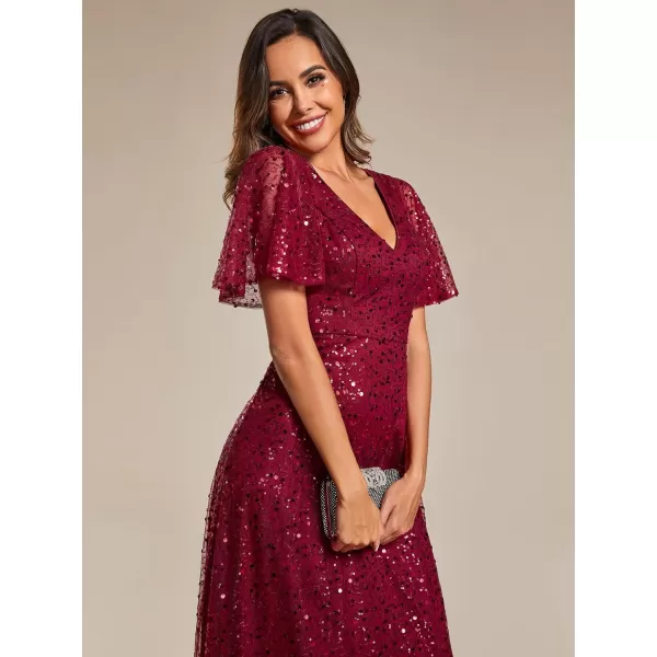 EverPretty Womens Elegant Sequin Short Ruffle Sleeve Embroidery ALine Evening Dress Formal Wedding Maxi Dress 02120PHBurgundy