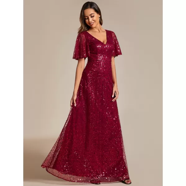 EverPretty Womens Elegant Sequin Short Ruffle Sleeve Embroidery ALine Evening Dress Formal Wedding Maxi Dress 02120PHBurgundy