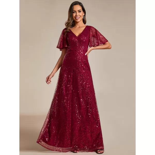 EverPretty Womens Elegant Sequin Short Ruffle Sleeve Embroidery ALine Evening Dress Formal Wedding Maxi Dress 02120PHBurgundy