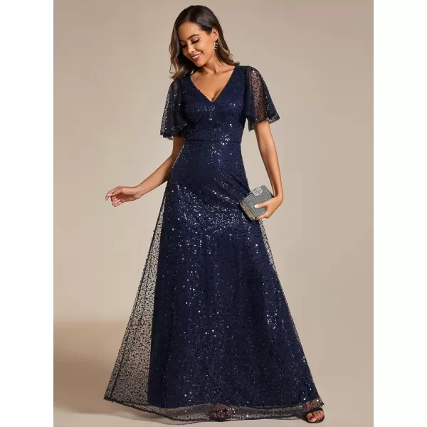 EverPretty Womens Elegant Sequin Short Ruffle Sleeve Embroidery ALine Evening Dress Formal Wedding Maxi Dress 02120PHNavy Blue