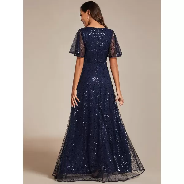 EverPretty Womens Elegant Sequin Short Ruffle Sleeve Embroidery ALine Evening Dress Formal Wedding Maxi Dress 02120PHNavy Blue