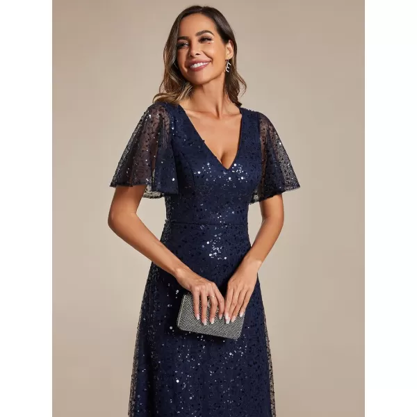 EverPretty Womens Elegant Sequin Short Ruffle Sleeve Embroidery ALine Evening Dress Formal Wedding Maxi Dress 02120PHNavy Blue