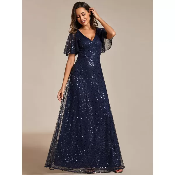 EverPretty Womens Elegant Sequin Short Ruffle Sleeve Embroidery ALine Evening Dress Formal Wedding Maxi Dress 02120PHNavy Blue