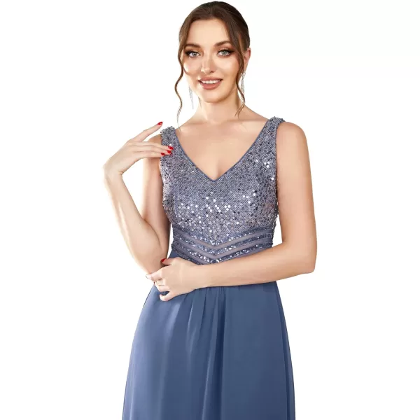 EverPretty Womens Elegant Sequin VNeck High Low Long Formal Evening Dresses 0410USAHaze Blue