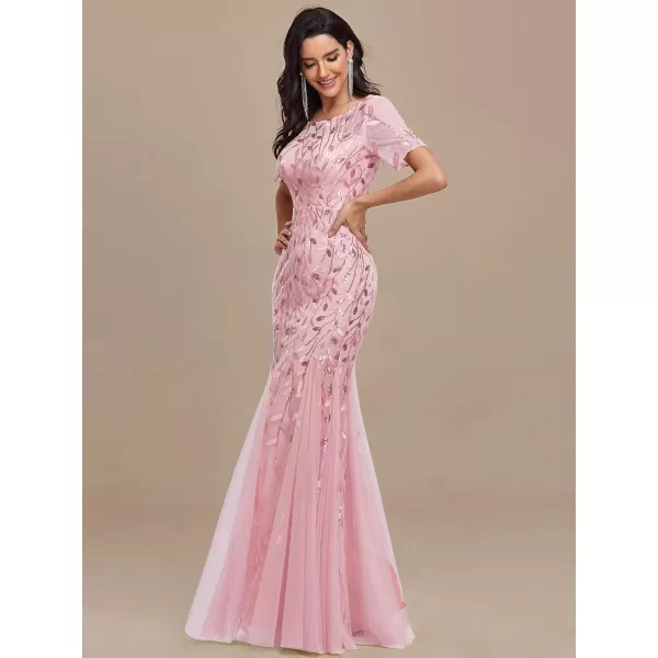 EverPretty Womens Elegant Short Sleeve Sequin Mermaid Evening Dress 07708PHPink