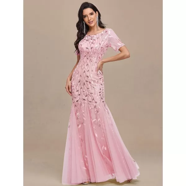 EverPretty Womens Elegant Short Sleeve Sequin Mermaid Evening Dress 07708PHPink