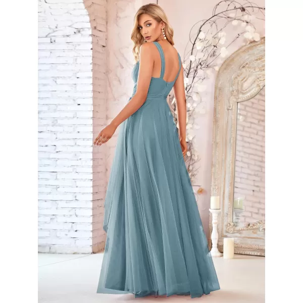 EverPretty Womens Elegant V Neck Sash Waist ALine Maxi Tulle Wrap Dress Bridesmaid Dresses 07303USADenim Blue