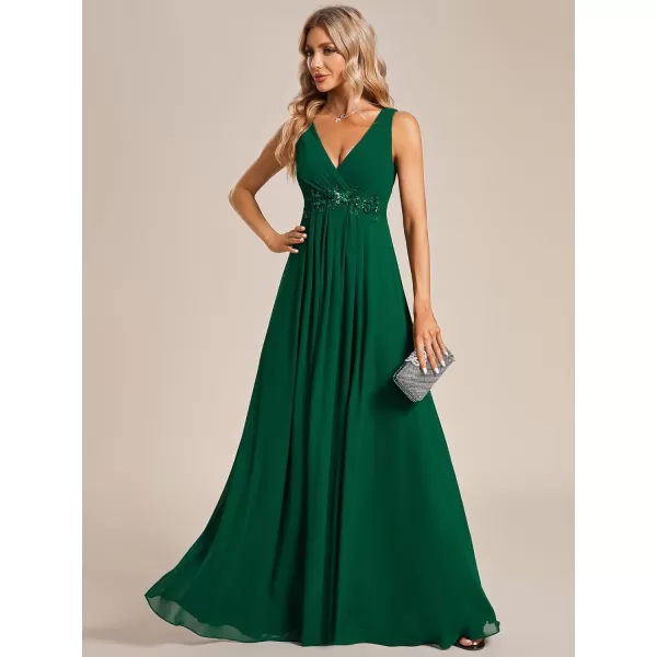 EverPretty Womens Elegant VNeck Long Sleeve Aline Chiffon Floor Length Mother of The Bride Dress 0461USAB Dark Green