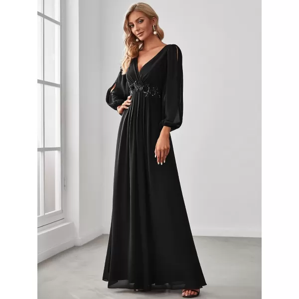 EverPretty Womens Elegant VNeck Long Sleeve Aline Chiffon Floor Length Mother of The Bride Dress 0461USABlack