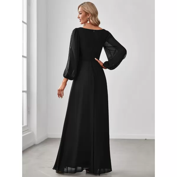 EverPretty Womens Elegant VNeck Long Sleeve Aline Chiffon Floor Length Mother of The Bride Dress 0461USABlack