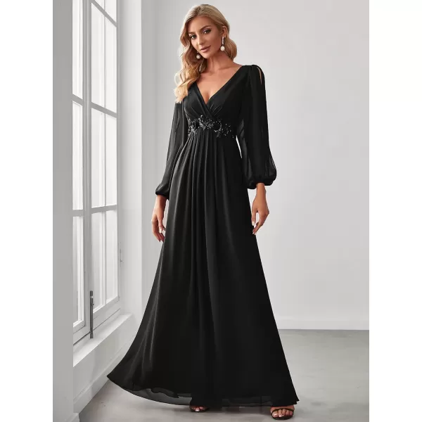 EverPretty Womens Elegant VNeck Long Sleeve Aline Chiffon Floor Length Mother of The Bride Dress 0461USABlack