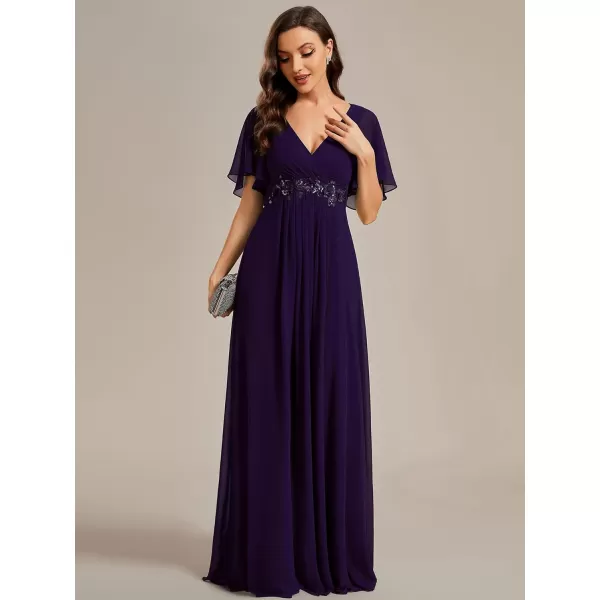 EverPretty Womens Elegant VNeck Long Sleeve Aline Chiffon Floor Length Mother of The Bride Dress 0461USACdeep Purple