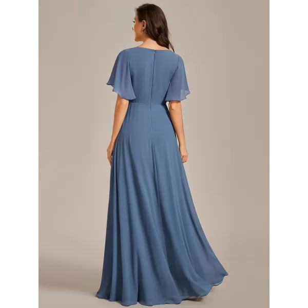 EverPretty Womens Elegant VNeck Long Sleeve Aline Chiffon Floor Length Mother of The Bride Dress 0461USACdusty Blue