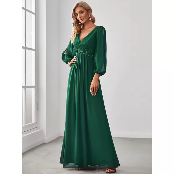 EverPretty Womens Elegant VNeck Long Sleeve Aline Chiffon Floor Length Mother of The Bride Dress 0461USAGreen