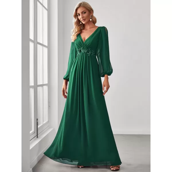 EverPretty Womens Elegant VNeck Long Sleeve Aline Chiffon Floor Length Mother of The Bride Dress 0461USAGreen