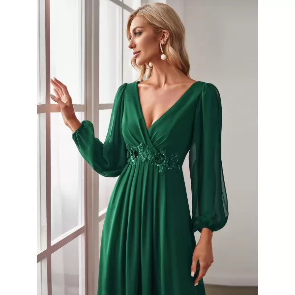 EverPretty Womens Elegant VNeck Long Sleeve Aline Chiffon Floor Length Mother of The Bride Dress 0461USAGreen