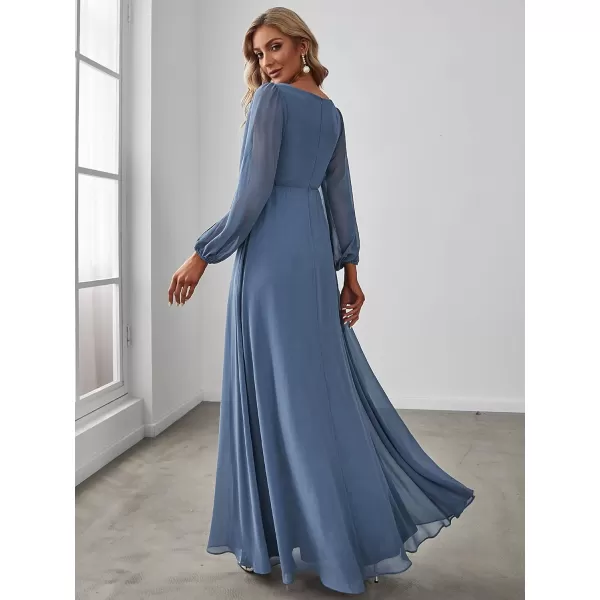 EverPretty Womens Elegant VNeck Long Sleeve Aline Chiffon Floor Length Mother of The Bride Dress 0461USAHaze Blue